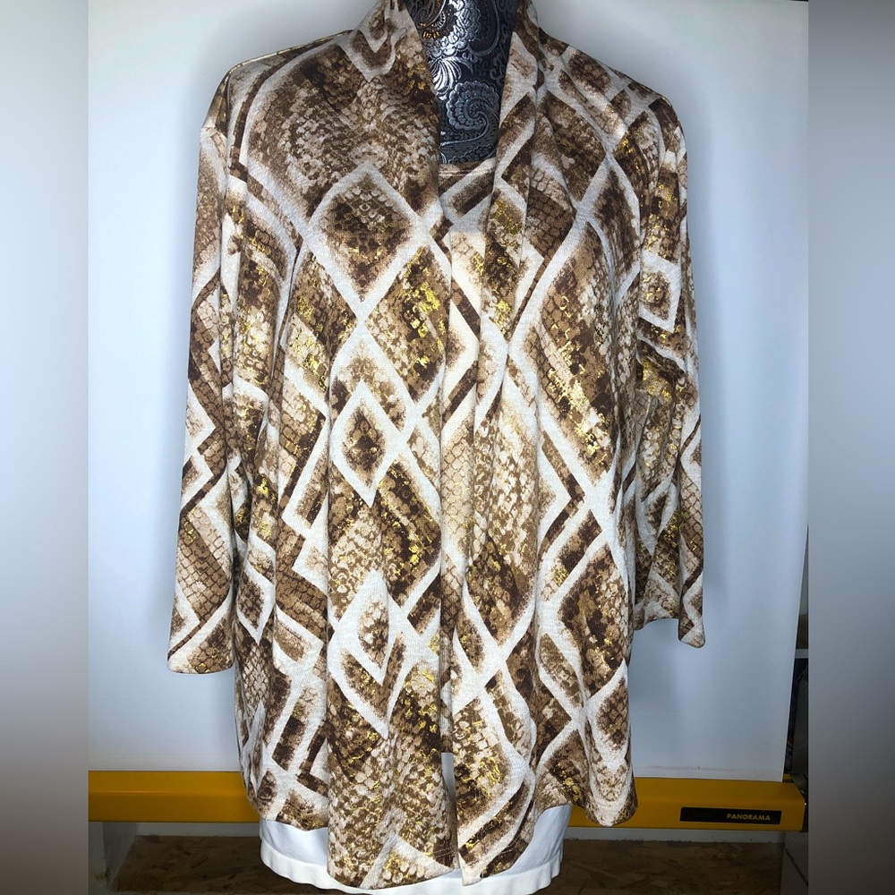 alfred dunner womens layered snake‎ print brown white blouse large